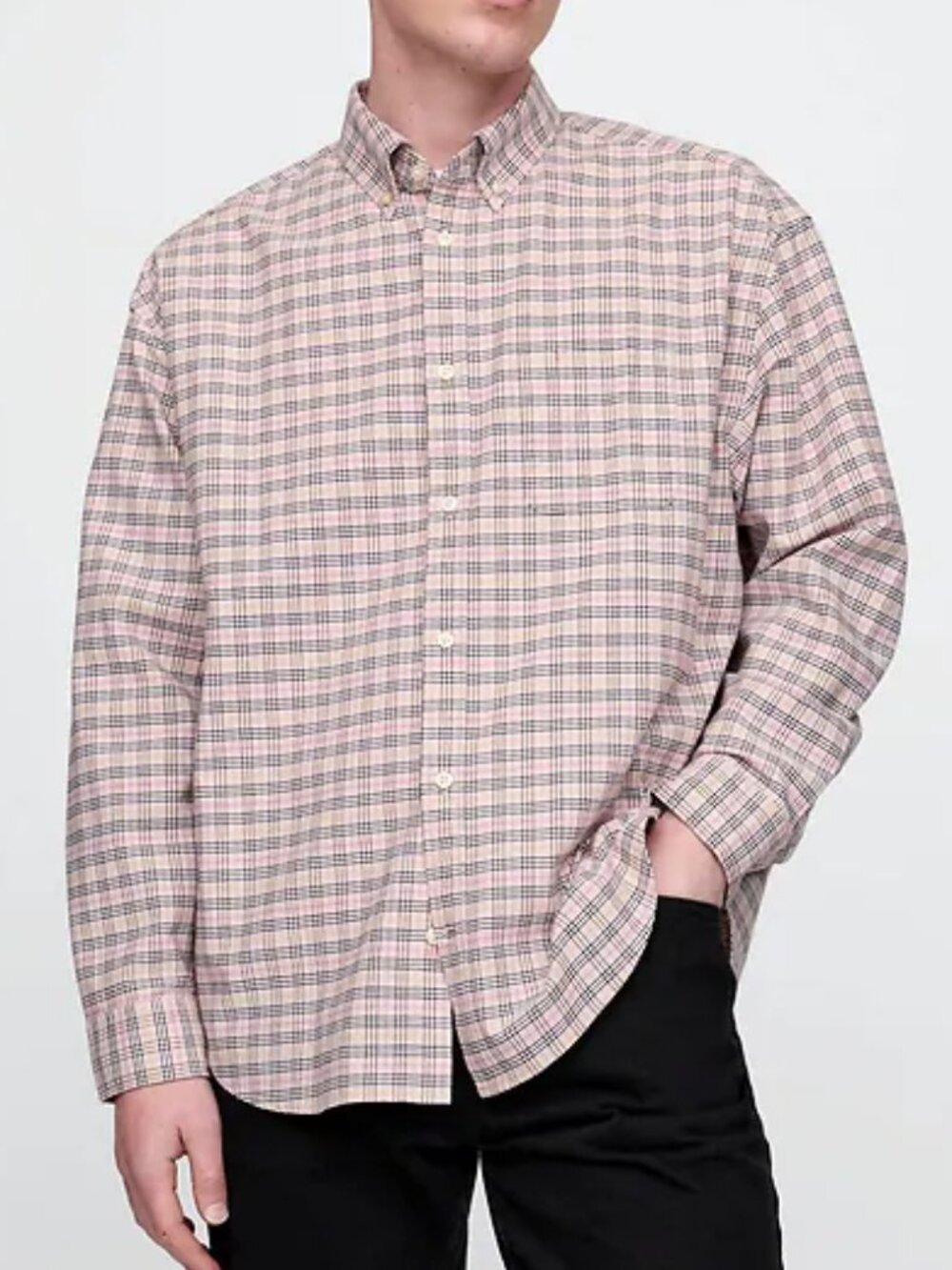 GAP THE Big Shirt OXFORD MEN'S SZ XL LONG SLEEVE BEIGE PLAID LONG SLEEVE BUTTON.